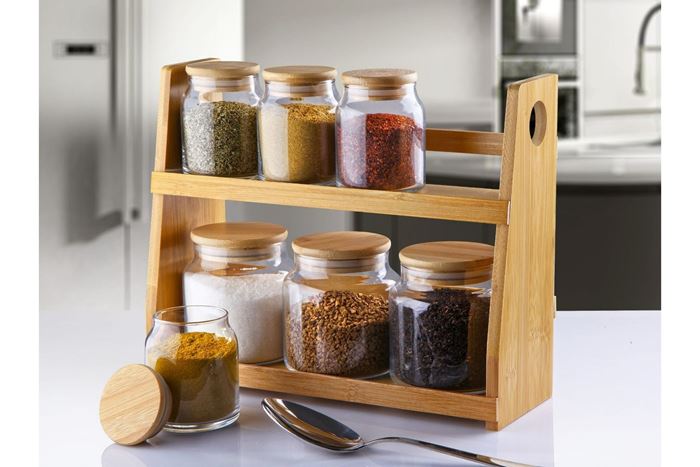 8 PARÇA BAMBU KAPAKLI CAM BAHARAT SETİ resmi