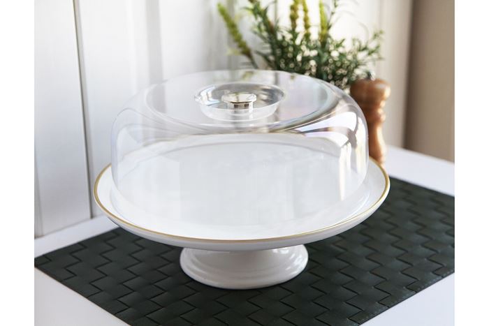 SERAMİK AYAKLI KEK FANUSU BEYAZ GOLD resmi