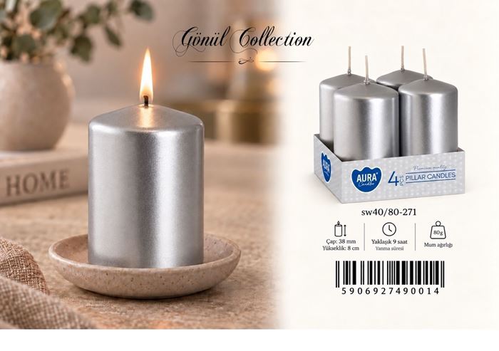 4LÜ SİLİNDİR MUM 40X80 SILVER  METALİC resmi
