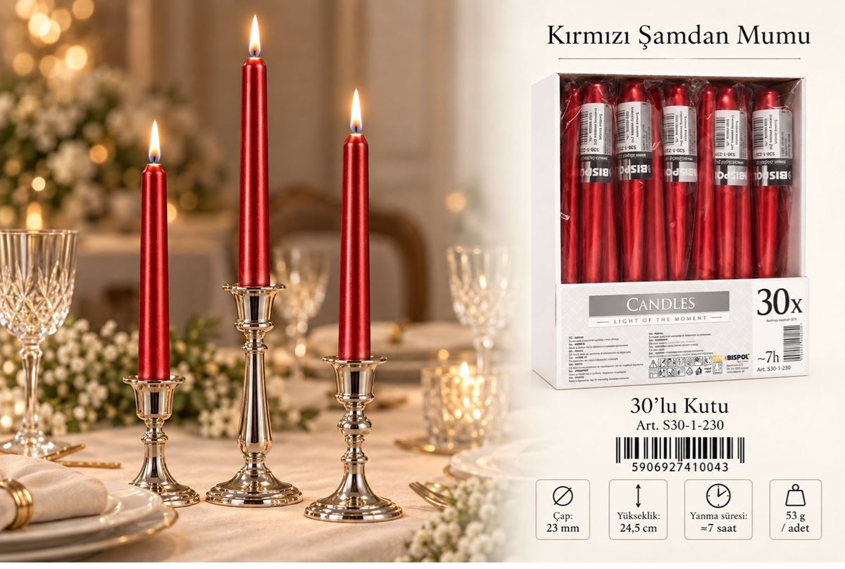30LU JELATİNLİ ŞAMDAN MUM PARLAK KIRMIZI resmi