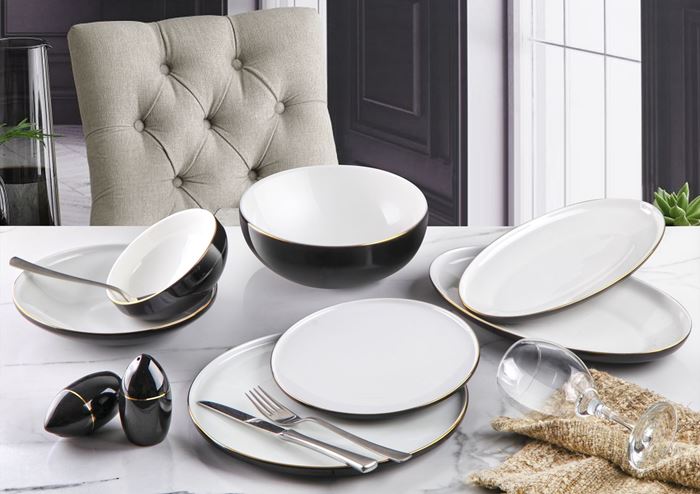 55 PARÇA GOLD SİYAH BONE CHINA YEMEK TAKIMI resmi